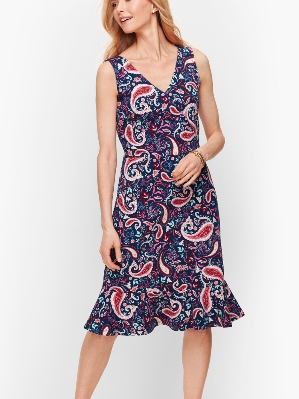 Talbots Sz- M  Navy Paisley V-Neck Midi Dress with Pink Accents